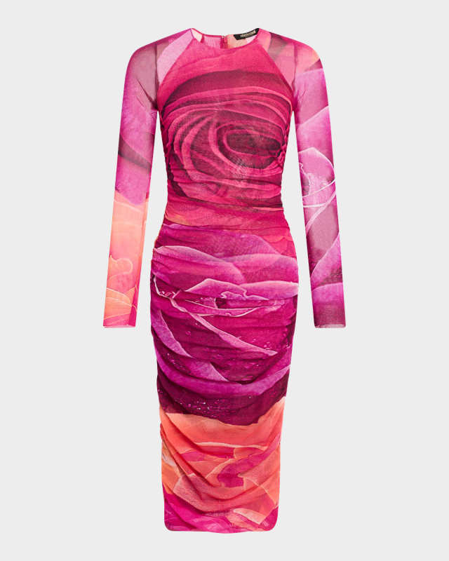 Rosette-Print Mesh Long-Sleeve Midi Dress